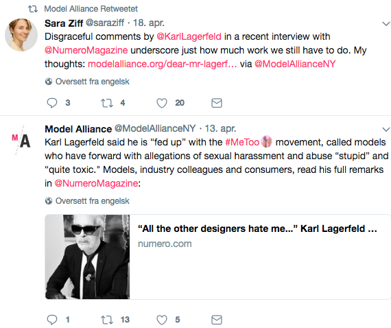 Model Alliance gikk ut mot Karl Lagerfeld på Twitter. Foto: Skjemdump Twitter, @ModelAllianceNY