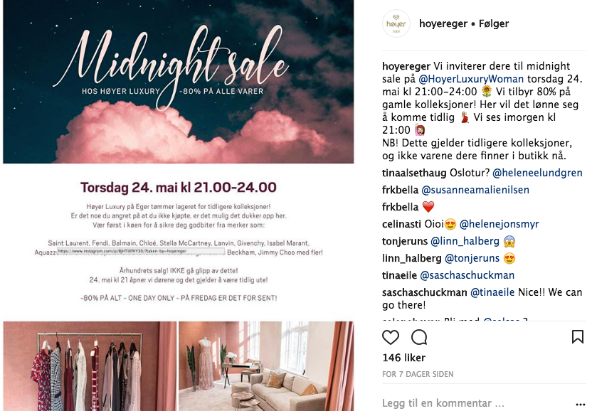 Høyer Eger lokket til seg kunder med store salg på luksusvarer. Foto: Skjemdump Instagram
