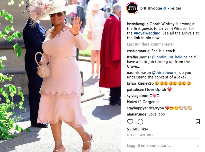 Oprah ankommer kirken. Foto: Skjemdump Instagram @BritishVogue