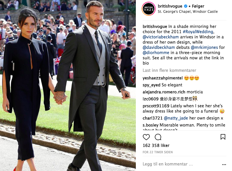 Victoria og David Beckham ankommer kirken. Foto: Skjemdump Instagram @BritishVogue