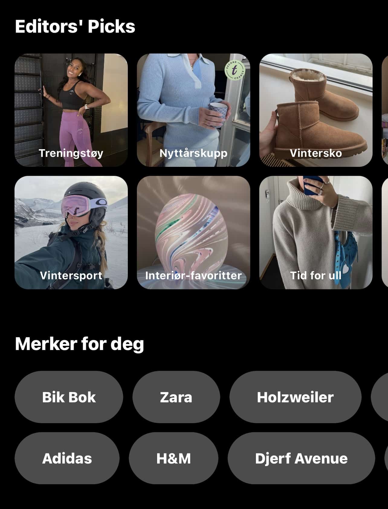 På appen Tise kan du lett manøvrere deg gjennom ulike kategorier, merker og lister. 
Foto: Skjermdump/ Tise